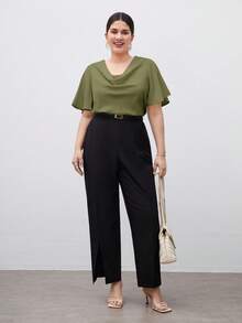 Maija 大码女式纯色垂褶领短袖优雅衬衫，适合圣帕特里克节、复活节、夏季、复活节派对、海滩度假、夏季外出、毕业典礼、毕业典礼休闲等场合。 - 綠色 - 查看 6