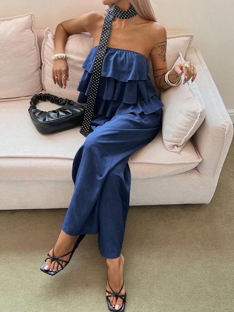 Women's Casual Solid Color Ruffle Hem Tube Top And Wide Leg Pants 2 Pieces Set, Summer