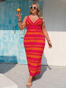 Vivid Eden Plus Size Colorblock Striped Knit Cami Dress,Women's Sunset Print Bodycon Maxi Dress,Spaghetti Strap Backless,Pastel Pink,Sommar,Vacation,Holiday Boho - Orange - View 2