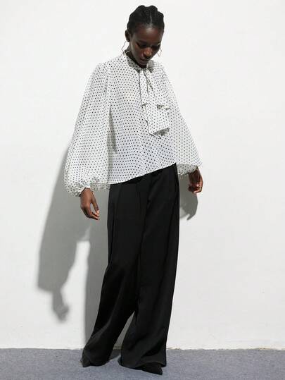 Aveloria Modichic Women's Chiffon Blouse Loose Fit Polka Dot Tie Neck Lantern Sleeve Ruched Cuff Elegant Vintage Elegant Women's Blouses Polka Dot Top White Blouse Black Blouse