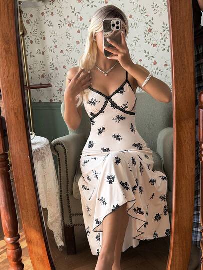 CottageSlumber Women's Romantic Contrast Color Lace Patchwork Ditsy Floral Asymmetric Midi Nightgown