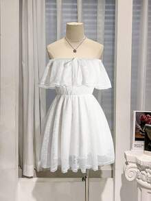 Flirla Plus Size Floral Lace Patchwork Textured Fabric Double Layer Dress, Vacation Style - White - View 3