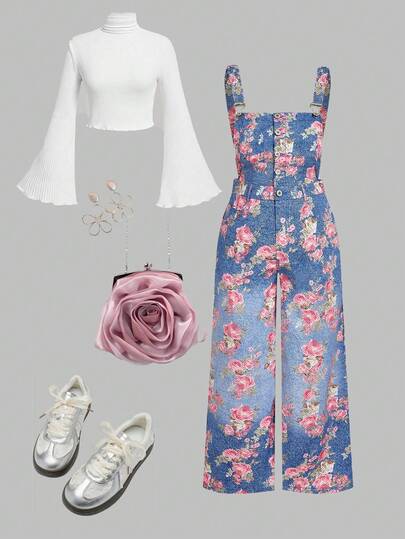 SHEIN MOD Plus Size Denim Effect Print Bib Overall Pants, Schoolgirl Style Long Pants.Plus Size Blue Floral Print Jumpsuit Wide Leg Sleeveless Pink Rose Pattern Structured Fit Button Front Soft Texture Belted Waist Elegant Style Classic Design Full Length Comfortable Fabric Subtle Sheen Artistic Details Vibrant Colors Vintage Inspired Chic Look