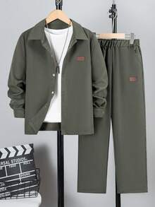 2pcs/Set Big Kids' Spring/Autumn Casual Gentleman Single-Breasted Gray Long Sleeve Shirt + Elastic Waist Slant Pocket Casual Pants, Vacaura Boy Outfit - Army Green - View 3