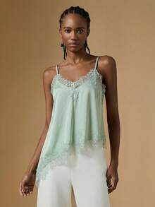 Briarwyn 女士纯色撞色蕾丝不对称下摆吊带背心 - 薄荷綠 - 查看 1