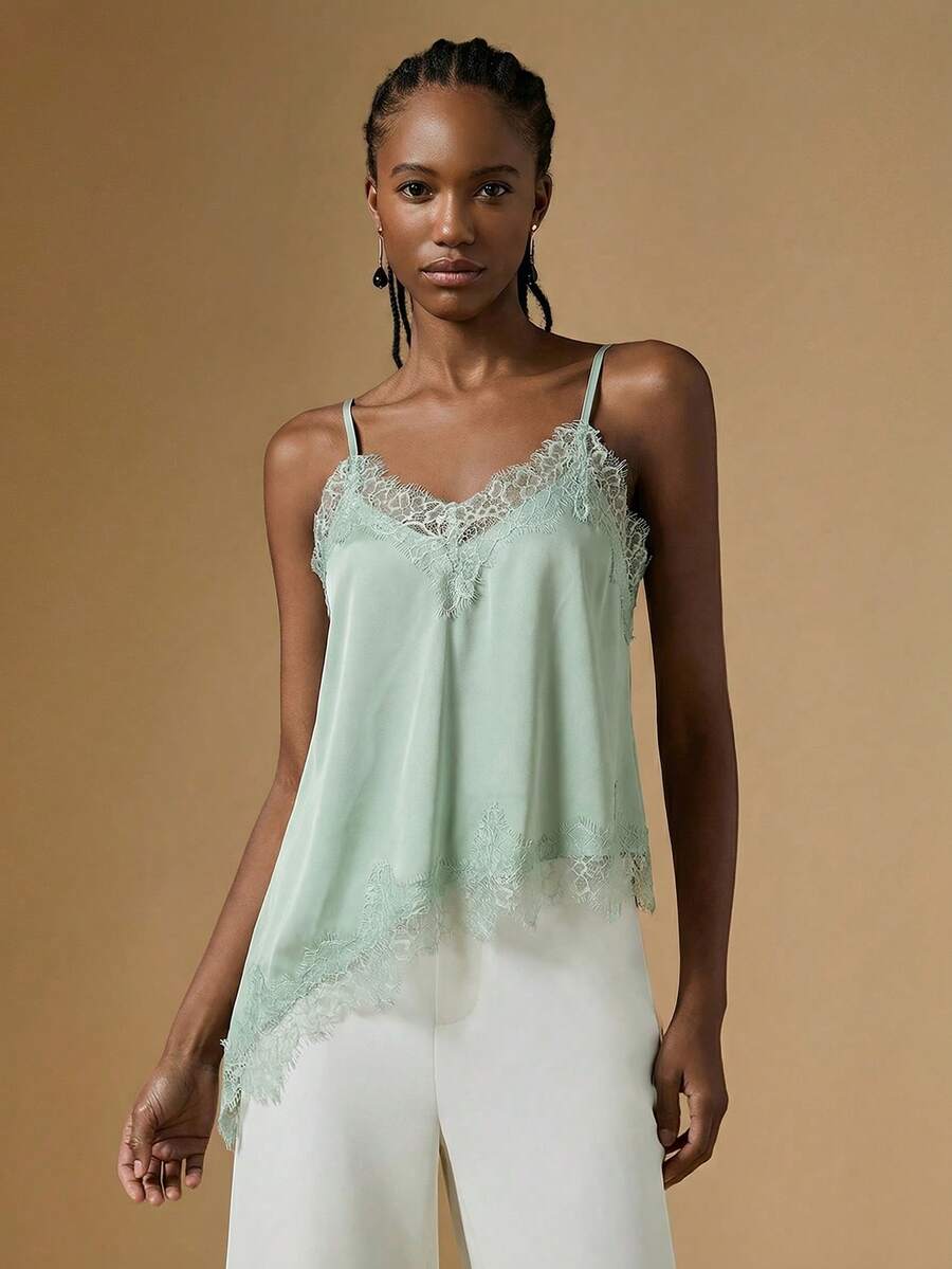 Briarwyn 女士纯色撞色蕾丝不对称下摆吊带背心 - 薄荷綠 - 查看 1