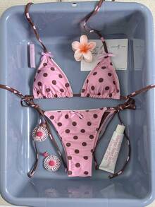 Bonvoyette Women's Polka Dot Triangle Soft Cup Neck Tie Set - Hot Pink - View 5