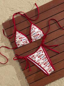 Swim Mod Women's Micro Triangle Cup Sexy Burgundy Bikini 2-Piece Set, Unique Fish Pattern With Vibrant Vitality, Classic Sexy French Triangle Cup Halter Design, Suitable For Vacation, Valentine's Day, Beach, Photo Shoot, Spring/Summer - Red - View 6