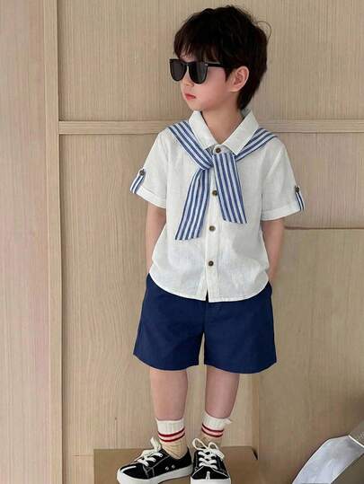 SHEIN 3pcs/Set Buy 2 Get 1 Free Casual Versatile Cute Comfortable Breathable Striped Shawl, Linen Shirt, And Loose Shorts, Suitable For Spring/Summer, Daily Wear, Sports, Outings, Campus, Gatherings, Festivals, Performances, And Photoshoots