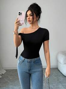 Rafferiza Women's Commute & Vacation Tie Bow Short Sleeve T-Shirt, Suitable For Party And Gathering, Spring/Summer Outfits For Women - Black - View 3
