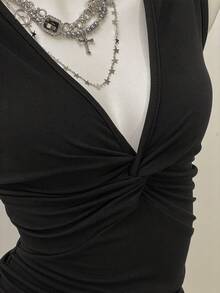 SHEIN Jeanoir Women's Solid Color Deep V-Neck Ruched Fitted Casual Blouse - Black - View 5