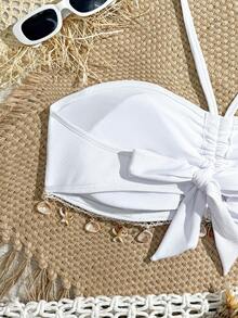 Swim Mod Plus Size Solid Color Halter Ruched Shell Trim Bikini Top, Ribbed Fabric With Drawstring, Halter Strap, Shell Decor, Vacation Beach Swimwear - White - View 3