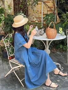 DAZY Women's Round Neck Ruffle Trim Fresh Korean Style Vacation Atmosphere Denim Dress - Blue - View 2