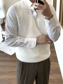 DAZY Men's Deep V-Neck Knit Top, Street Style, Summer - White - View 5