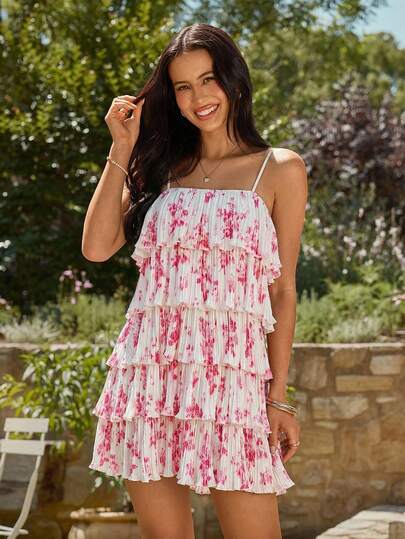 KARISMINA Elegant And Romantic Printed Women's Summer Beach Vacation Dress,Women's Spring Summer Vacation Pink Floral Print Mini Dress ,Women's Elegant Romantic Floral Print Dress, Suitable For Spring/Summer Vacation,Women's Elegant Multi-Layer Ruffled Hem Spaghetti Strap Dress For Summer,Pastel Dresses For Women,Vacation Outfits For Women,Women's Fashion Elegant Casual Romantic Pink Valentine's Day Pleated Multi-Layered Cake Strapless Dress Tiered Ruffle Dress Summer Dresses For Women Mini Dresses