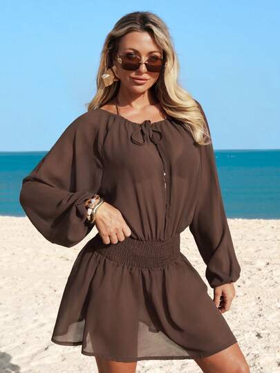 Swim Vcay 2026SS New Women's Swimwear Arrival For Holiday, Date, Western, Cruise, Beach, Island, Road Trip, All Seasons, Music Festival, Boho Vacation,Bohemian Vacation, Chill Autumn Boho Y2K Pleated Shorts, Elegant Vintage Casual Women's Solid Color Twist Design Ruched Beach Vacation Kimono Cover Up