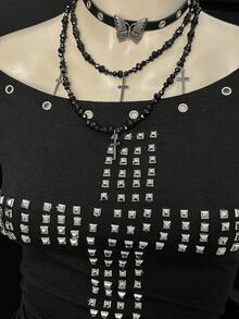 EgrlEra 女士时尚金属装饰水钻黑色T恤 - 黑色 - 查看 6