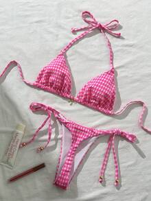 Swim Mod 女士格子提花面料挂脖比基尼套装，配金属装饰，春夏款 - 彩色 - 查看 2