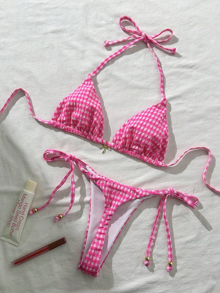 Vaytide Conjunto de bikini de mujer con tela jacquard a cuadros, con decoración metálica, para primavera/verano - Multicolor - Ver 2