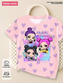 1pc Cute Kpop Girl Print Loose Fit Pink Short Sleeve Top, Suitable For Tween Girls, Versatile For Spring, Summer, Autumn, Winter, Great Gift For Girls - Pink - View 4