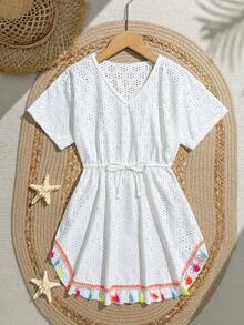 SHEIN Tween Girls White Swimsuit Cover Ups,Knit Fabric Crochet Eyelet Dress With Tassel Trim,Boho Drawstring Waist Beach Summer Dress For Pool Party - White - View 1