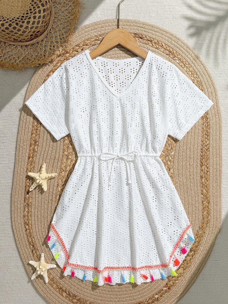 SHEIN Tween Girls White Swimsuit Cover Ups,Knit Fabric Crochet Eyelet Dress With Tassel Trim,Boho Drawstring Waist Beach Summer Dress For Pool Party - White - View 1