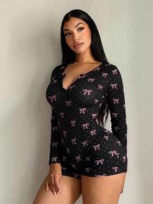 SHEIN SXY Bộ jumpsuit nữ gợi cảm, thoải mái, họa tiết chấm bi bướm, quần short co giãn mềm mại, thích hợp mặc ở nhà. - màu đen - Xem 3