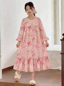 SHEIN Young Girl Knitted Round Neck Fitted Casual Nightgown Loungewear - Pink - View 6