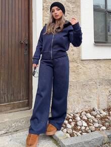 Jeta Ari 女士休闲连帽运动衫卫衣和阔腿裤两件套，秋季 - 藏蓝色 - 查看 6