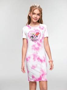THE POWERPUFF GIRLS X SHEIN 1 pieza Vestido informal de estilo casual para niña preadolescente con cuello redondo, manga corta, cómodo, con estampado de teñido anudado y de dibujos animados - Multicolor - Ver 2