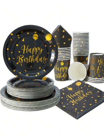Birthday Balloon Disposable Tableware Set, 7/9 Inch Black And Gold Disposable Plates, Paper Cups, And Paper Napkins Set, Disposable Paper Plates And Napkins For Birthday Parties, Suitable For Decorating Party Napkins For Gatherings, Birthdays, And Parties
