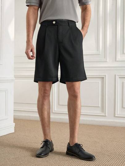 Officeau 男士休闲纯色卷边斜口袋短裤，夏季黑色短裤