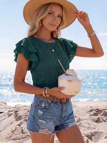 Sylviya Blusa de manga de mariposa sólida, blusas de manga corta, casual - Verde Oscuro - Ver 4