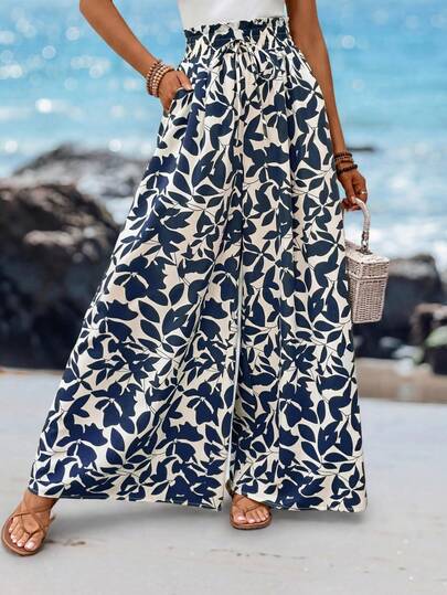 SHEIN LUNE Pantalones holgados de verano románticos para mujer con amplia impresión de plantas, cintura fruncida y lazo