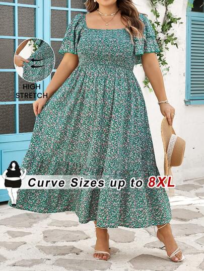SHEIN CURVE+ Vestido de vacaciones/casual con estampado floral diminuto de talla grande, cintura ceñida con volante en el bajo