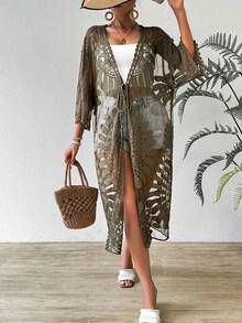 Swim Vcay 女士刺绣网纱宽松和服罩衫 - 軍綠色 - 查看 4