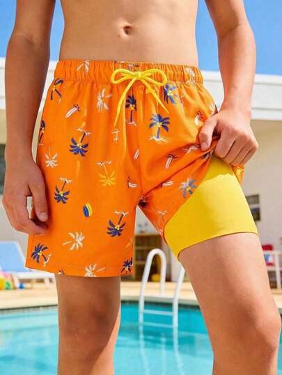 SHEIN Kids/Tween Boys' Casual Comfortable Beach Coconut Tree Print Patchwork Lining Loose Swim Trunks/Swimsuit