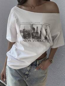 DAZY Camiseta de manga corta con hombro asimétrico, corte holgado, con estampado de letras y construcción para adolescentes - Blanco - Ver 4