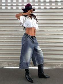 Jeanoix Women's Pocket Button Casual Versatile Daily Wear Wide Leg Jeans - Medium Wash - View 6