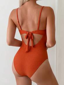Swim Lushoire Áo tắm liền thân gợi cảm màu trơn, chất liệu vải có họa tiết, đính hạt cườm dành cho nữ, thích hợp cho kỳ nghỉ biển. - màu nâu - Xem 2
