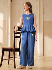 SHEIN Genkimix Kids Áo tank top bèo nhún hình trái tim và quần ống rộng kiểu jeans đính đá cho bé gái. - Màu xanh lam - Xem 7