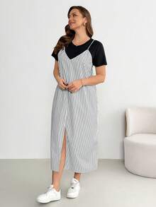 SHEIN Essnce 大码女式休闲宽松舒适日常百搭显瘦两件套：黑色短袖T恤和条纹吊带长裙，夏季穿搭，简约风格，欧式夏季 - 黑與白 - 查看 3