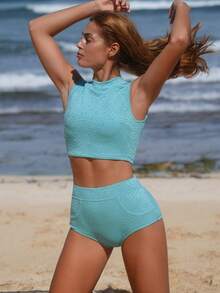 Swim SPRTY Women's Summer Beach Jacquard Casual Bikini Bottom - Teal Blue - View 1