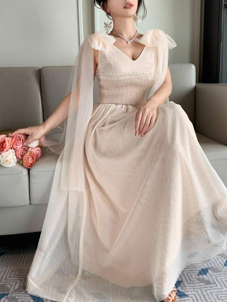 V-Neck Waist Cinched Dress With Voluminous Tulle Dress,Wedding Guest Dress Women Sundress