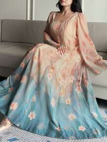 Dazy Plus 印花宽松优雅长袖加大码连衣裙，度假风长款连衣裙 - 粉色 - 查看 6