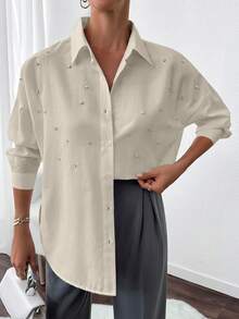 EURMUSE Women's Stylish Rhinestone Embellished Drop Shoulder Shirt - Beige - View 5