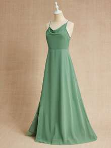 Elegant Chiffon One-Shoulder Ruffle Collar Spaghetti Strap Waist Slit Dress, Suitable For Weddings, Proms, Birthdays, Parties, All Seasons - Green - View 4