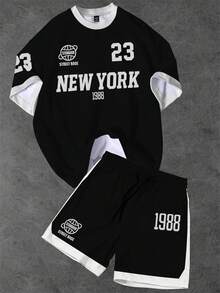 Aesthetic Post Men's Retro American New York 23 Crew Neck T-Shirt Set, Black And White Contrast T-Shirt Set - Multicolor - View 1