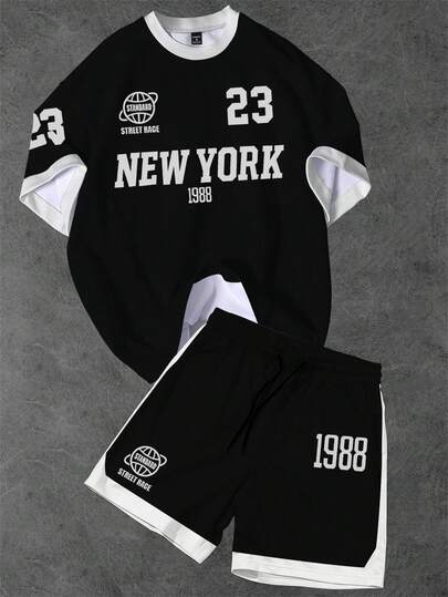 Aesthetic Post Conjunto de camisetas de cuello redondo con el número 23 de estilo retro americano de Nueva York para hombres, conjunto de camisetas de contraste blanco y negro