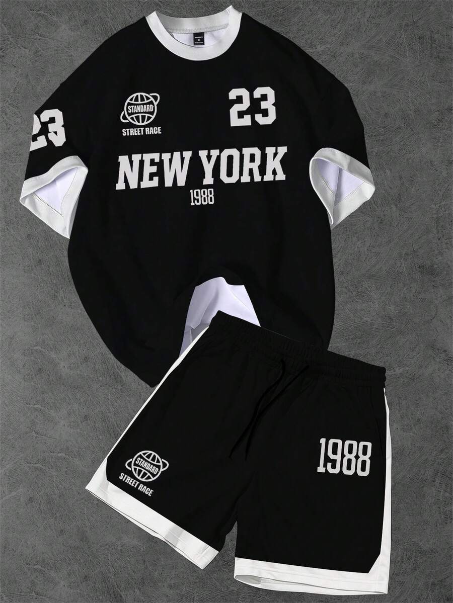 Aesthetic Post Men's Retro American New York 23 Crew Neck T-Shirt Set, Black And White Contrast T-Shirt Set - Multicolor - View 1